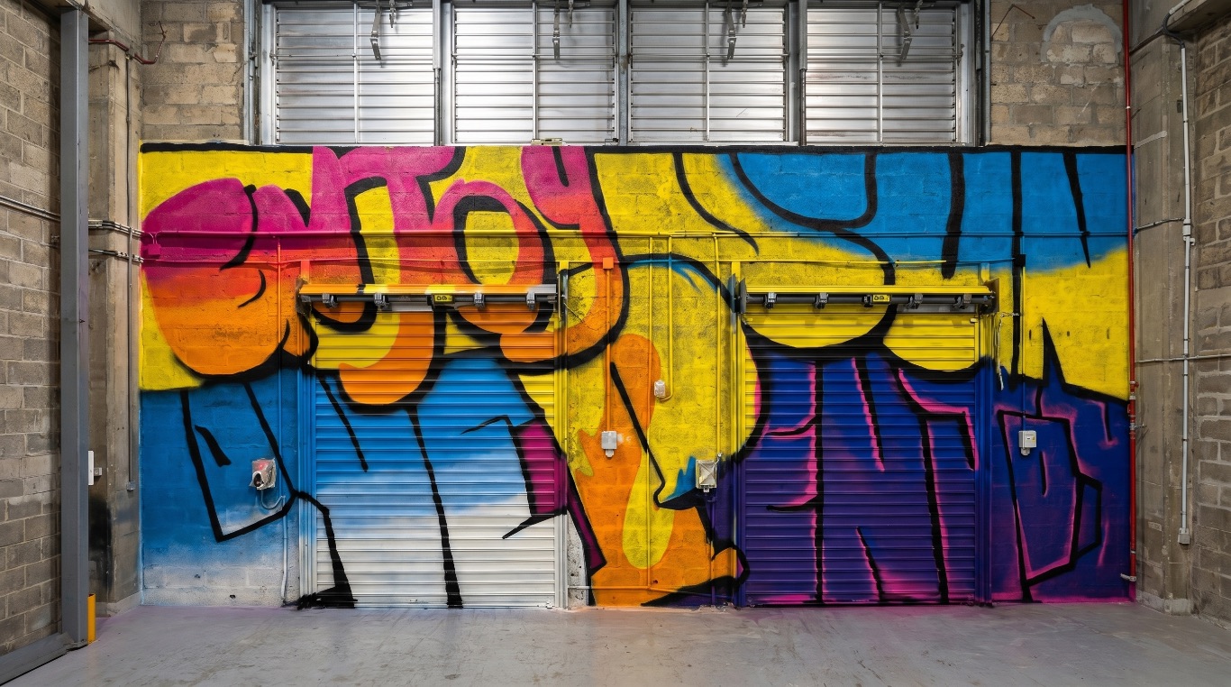 Graffiti monumental aux lettres jaunes, bleues et magenta couvrant un mur en parpaings et deux rideaux metalliques d'un site industriel interieur