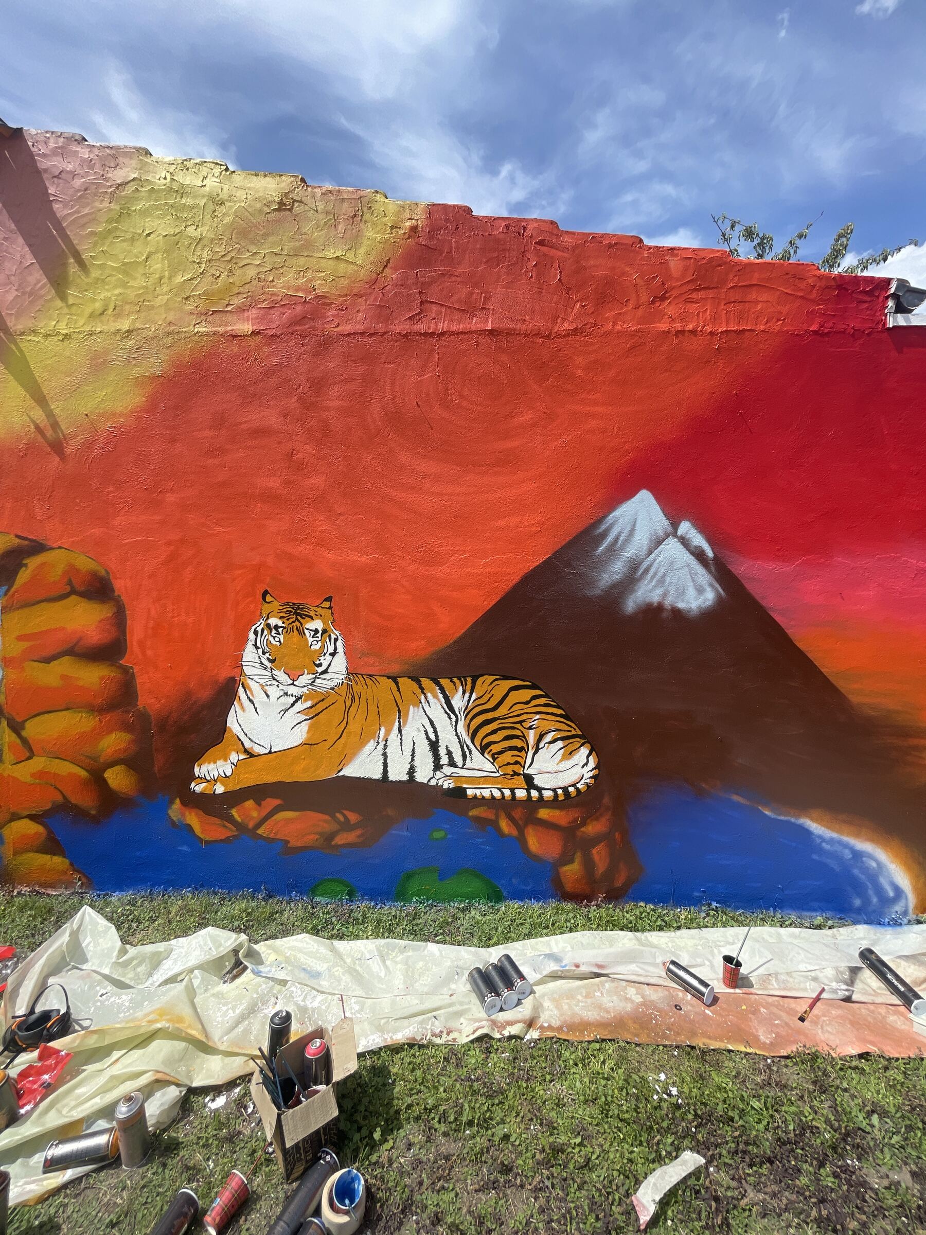 Fresque murale de tigre sur un mur exterieur, realisee par Wandy Neves